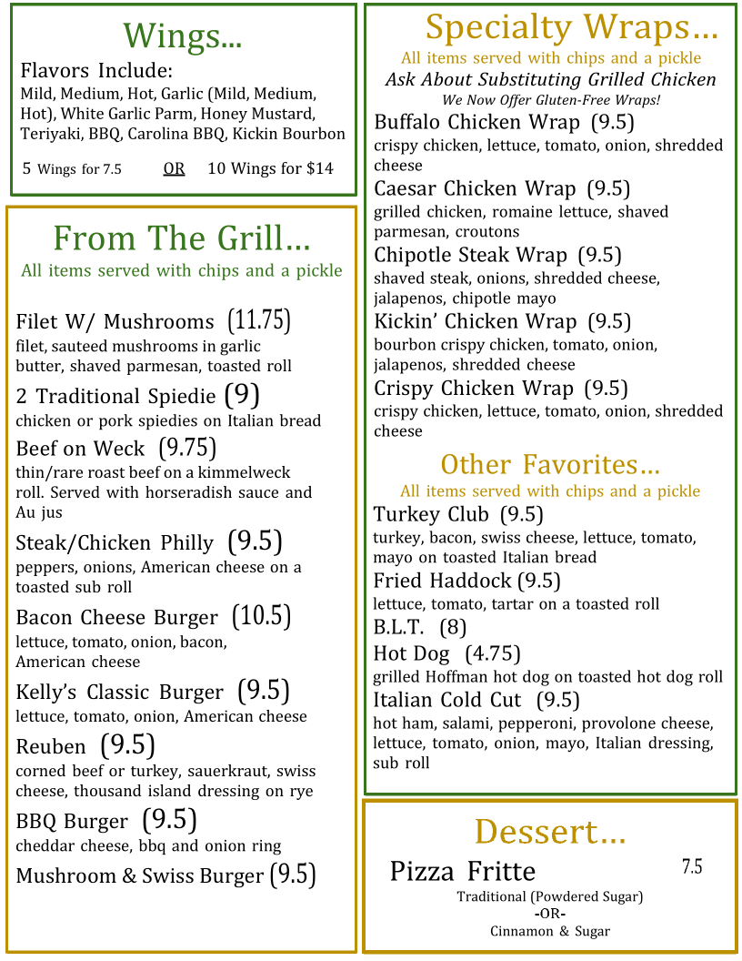 Menu Kelly’s Sports Bar